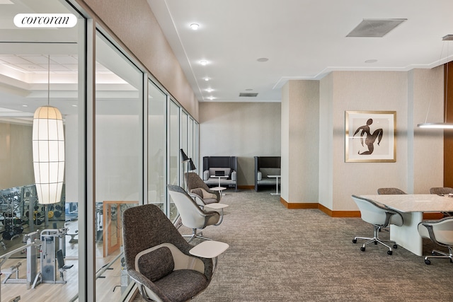 carpeted home office with visible vents and baseboards