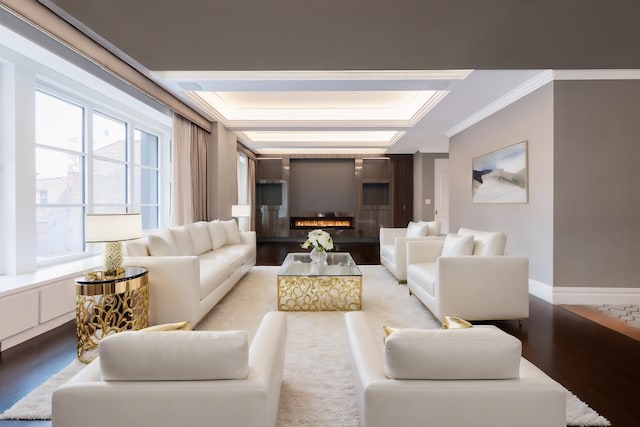 living area featuring wood finished floors, baseboards, a tray ceiling, ornamental molding, and a glass covered fireplace