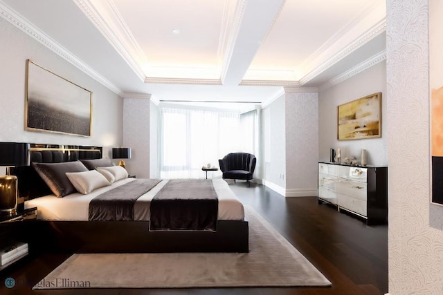 bedroom featuring dark hardwood / wood-style flooring and ornamental molding