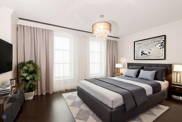 bedroom with dark wood-type flooring, an inviting chandelier, and ornamental molding