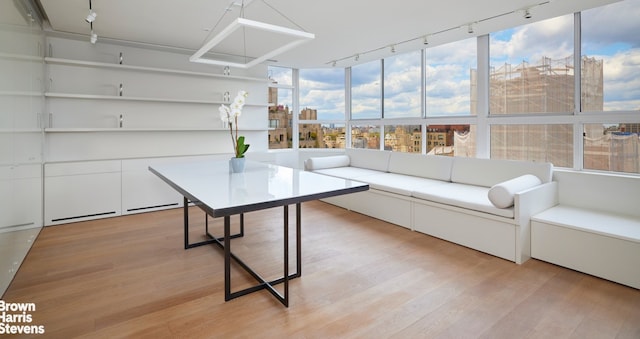 sunroom / solarium featuring track lighting