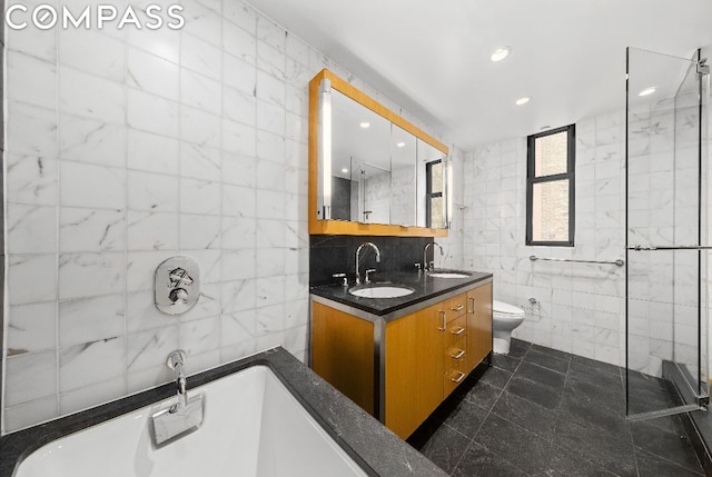 bathroom featuring toilet, vanity, tile walls, and a washtub