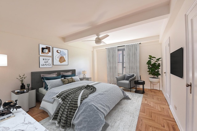 bedroom with beamed ceiling, baseboards, and ceiling fan