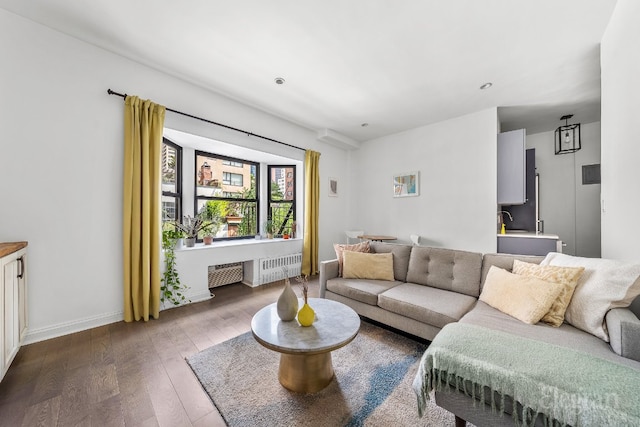 living room featuring radiator heating unit and hardwood / wood-style floors