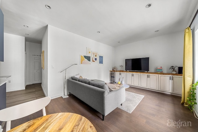 living room featuring dark wood-type flooring