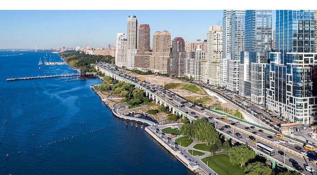 drone / aerial view featuring a water view