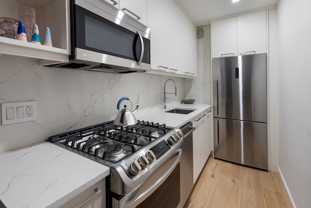 kitchen with decorative backsplash, sink, white cabinetry, light hardwood / wood-style flooring, and appliances with stainless steel finishes