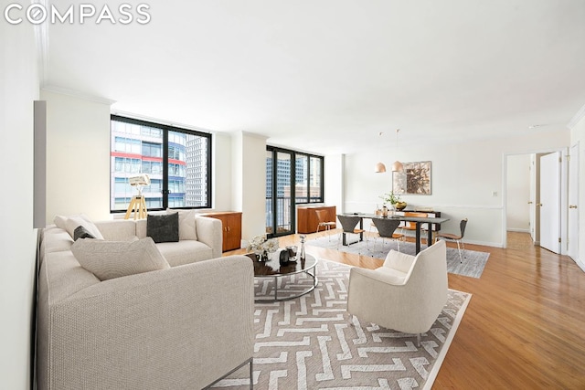 living room featuring ornamental molding, light hardwood / wood-style floors, and expansive windows