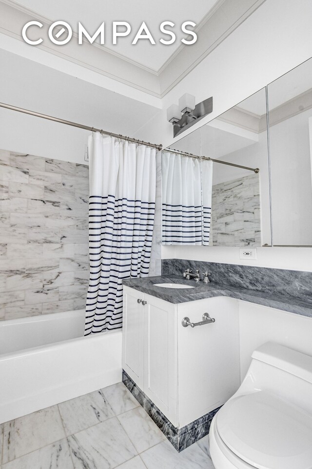 bathroom featuring ornamental molding, toilet, and a shower with door