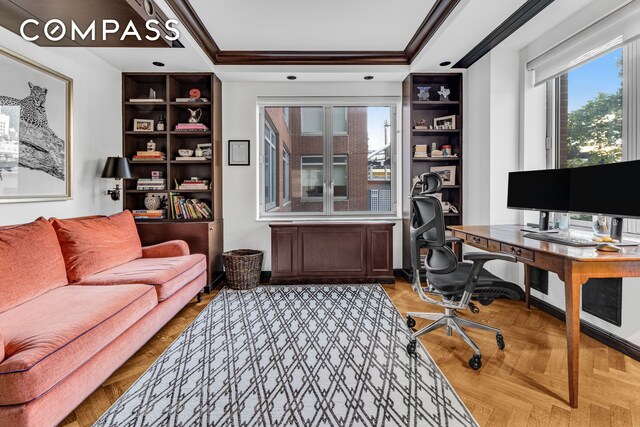 bedroom featuring beamed ceiling, parquet flooring, and coffered ceiling