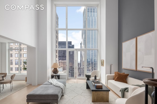 living area with a wall of windows, a towering ceiling, and wood finished floors