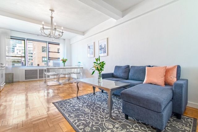 living room featuring radiator heating unit, parquet flooring, beamed ceiling, and a chandelier