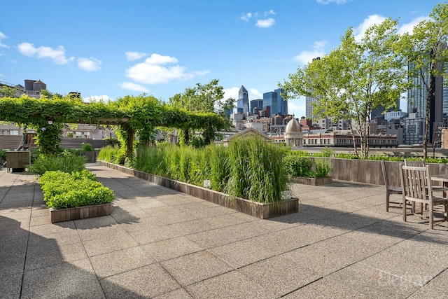 surrounding community with a patio area and a city view