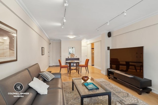 living room featuring rail lighting, light hardwood / wood-style flooring, and crown molding