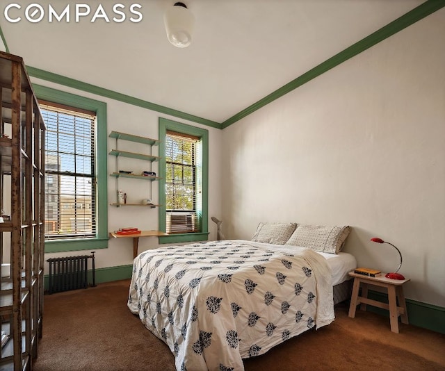 carpeted bedroom with radiator, multiple windows, and ornamental molding