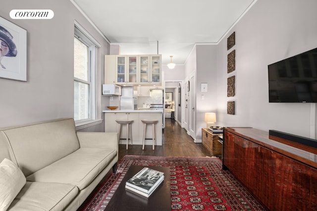 living room with ornamental molding and dark hardwood / wood-style floors