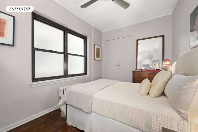 bedroom featuring a closet, dark hardwood / wood-style floors, ceiling fan, radiator, and ornamental molding