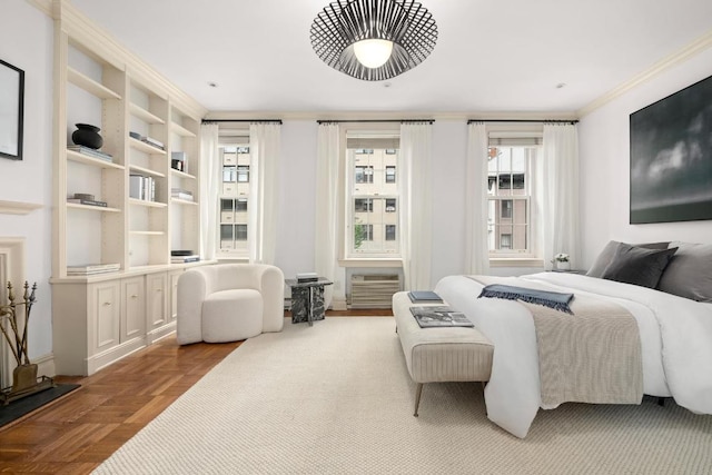 bedroom featuring parquet floors, crown molding, and a wall mounted air conditioner