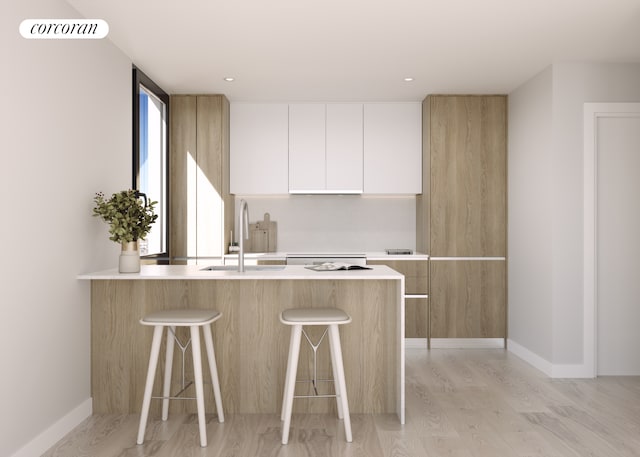 kitchen featuring light wood finished floors, modern cabinets, a kitchen breakfast bar, a peninsula, and a sink