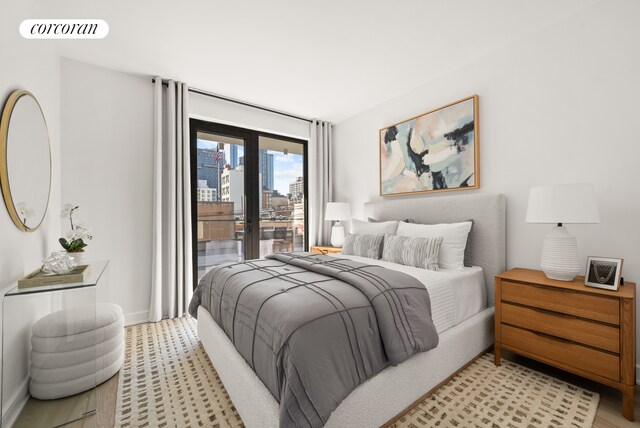 27-09 40th Ave Unit 3B, New York City, NY 11101 - bedroom featuring access to exterior, baseboards, and light wood-type flooring