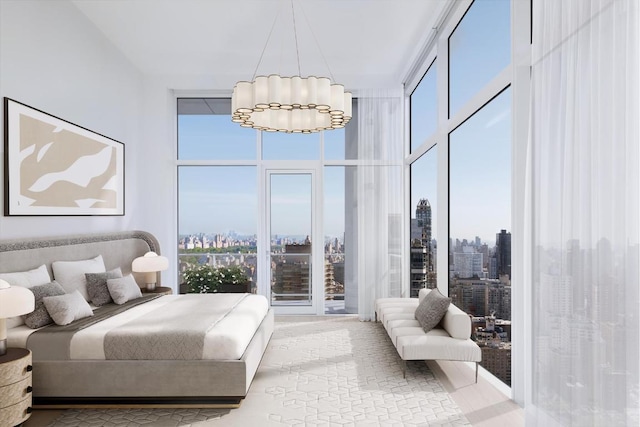 bedroom with floor to ceiling windows and an inviting chandelier