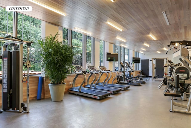 gym featuring wood ceiling