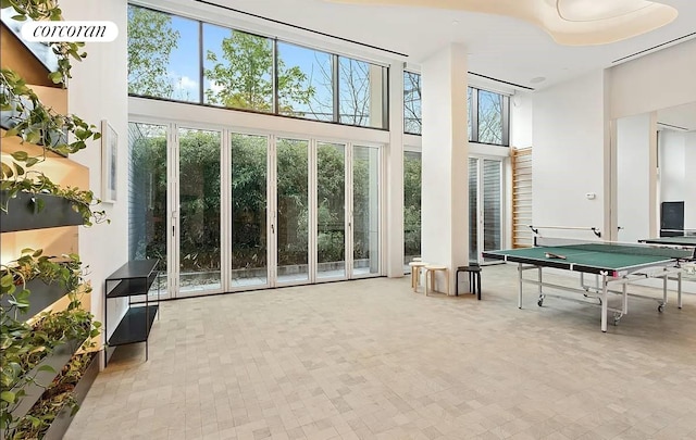 game room with a towering ceiling