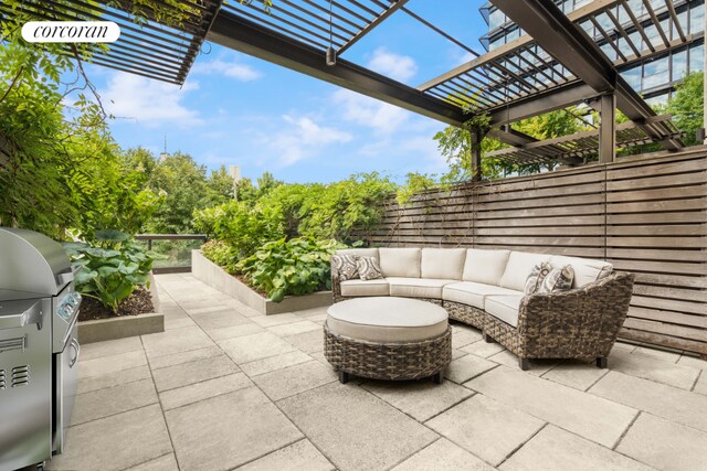 view of patio with an outdoor living space, a pergola, and a grill