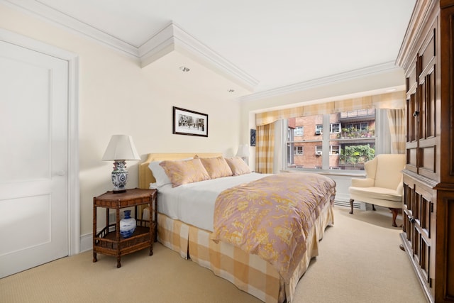 bedroom featuring ornamental molding and carpet flooring