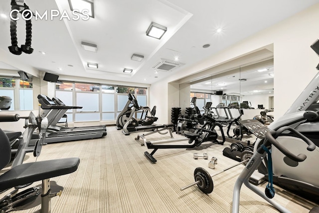 workout area with recessed lighting, carpet flooring, and visible vents