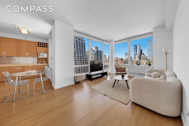 living room featuring light wood finished floors, baseboards, and floor to ceiling windows