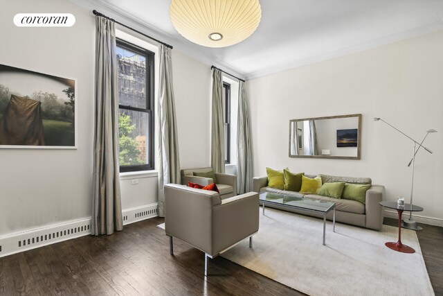 living room with plenty of natural light, ornamental molding, and dark hardwood / wood-style floors