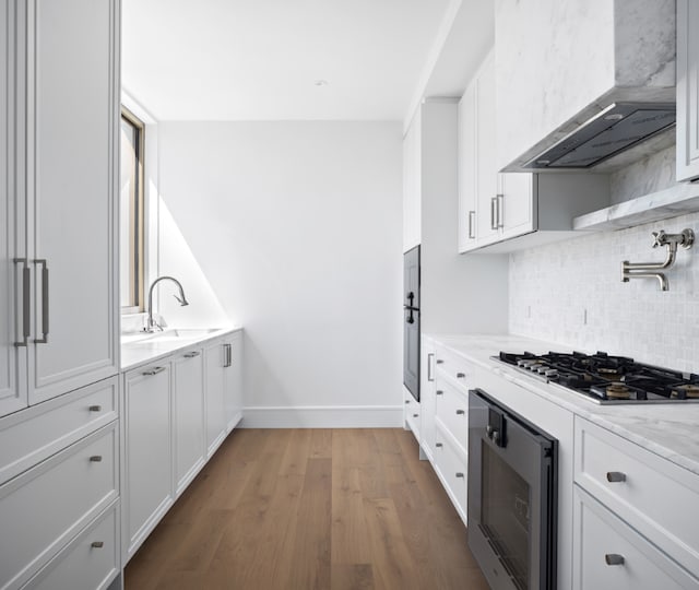 kitchen with white cabinetry, dark hardwood / wood-style flooring, premium range hood, sink, and light stone counters