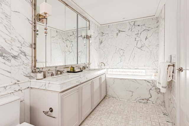 bathroom with toilet, a washtub, and vanity