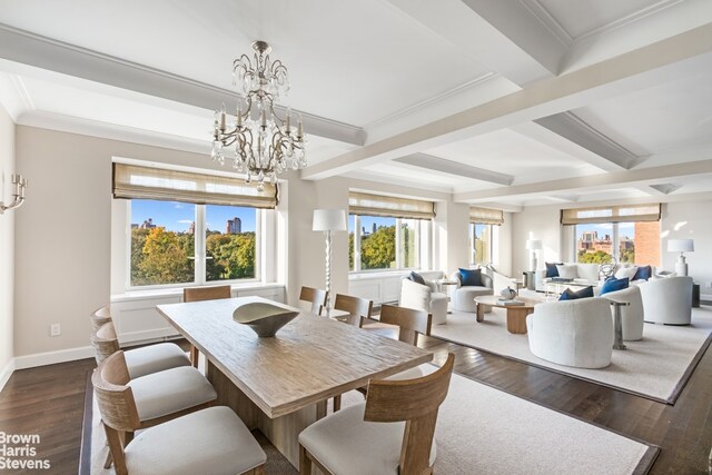 dining room featuring baseboards, dark wood finished floors, ornamental molding, beamed ceiling, and a notable chandelier