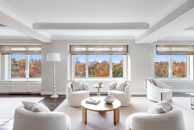 living room with ornamental molding, beamed ceiling, wood finished floors, and baseboards