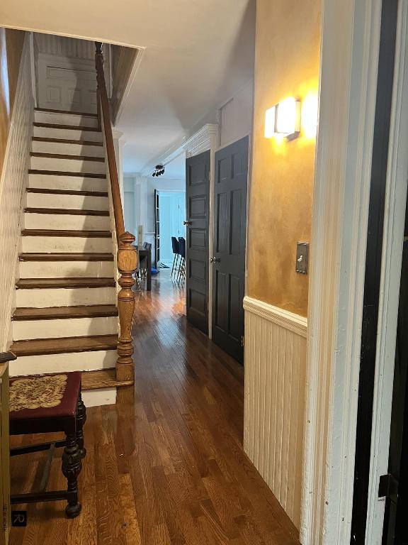 corridor featuring dark wood-type flooring and wood walls