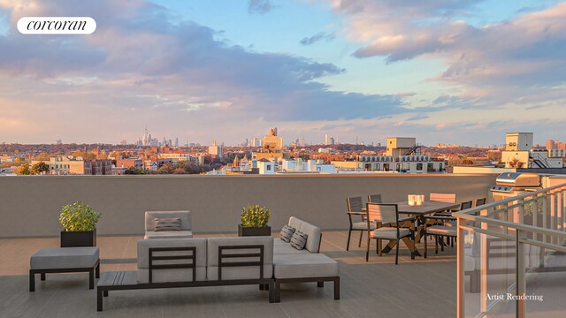 patio terrace at dusk with outdoor lounge area, a view of city, and visible vents