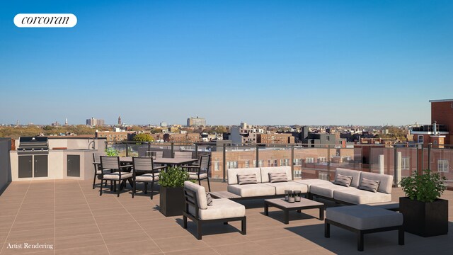 view of patio / terrace featuring visible vents, outdoor lounge area, area for grilling, and a city view