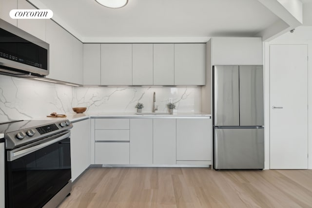 733 Ocean Pkwy Unit Ph9C, New York City, NY 11230 - kitchen featuring appliances with stainless steel finishes, a sink, light countertops, light wood finished floors, and decorative backsplash
