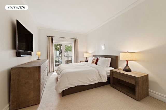 bedroom featuring visible vents, baseboards, ornamental molding, access to outside, and french doors