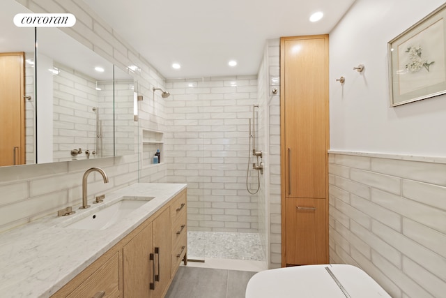 full bath with toilet, recessed lighting, visible vents, vanity, and walk in shower