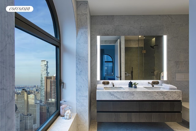 bathroom featuring double vanity, a stall shower, toilet, a city view, and a sink