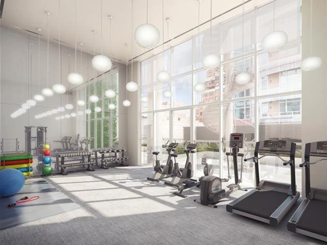 gym featuring a towering ceiling and floor to ceiling windows