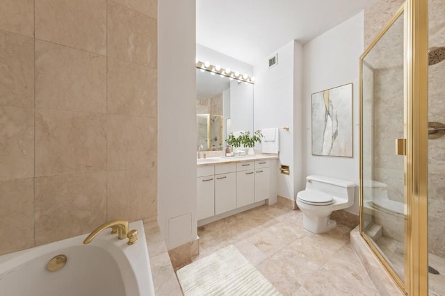 full bathroom with toilet, shower with separate bathtub, tile patterned floors, and vanity