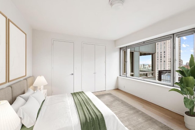 bedroom featuring two closets and light hardwood / wood-style floors