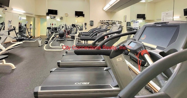 workout area with a high ceiling