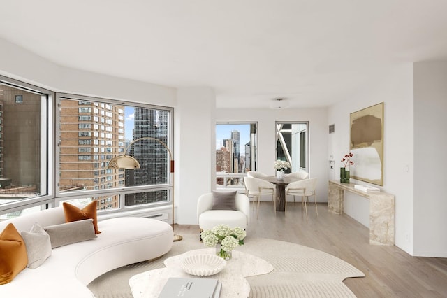 living area featuring a city view and wood finished floors