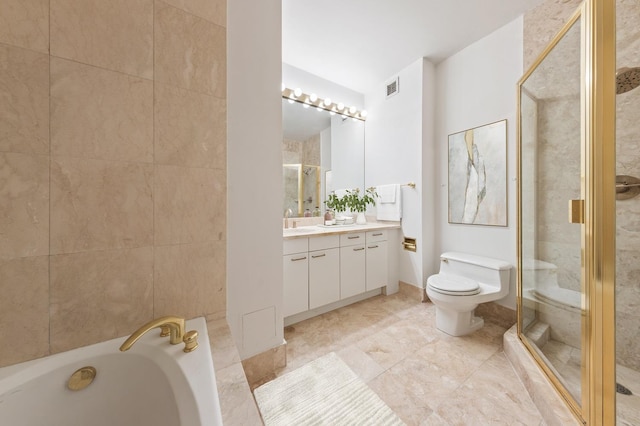 bathroom with toilet, a stall shower, vanity, and a bath