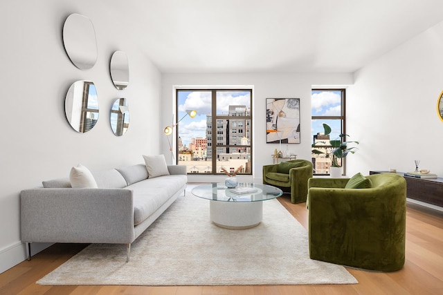 living area with a wealth of natural light, baseboards, and wood finished floors